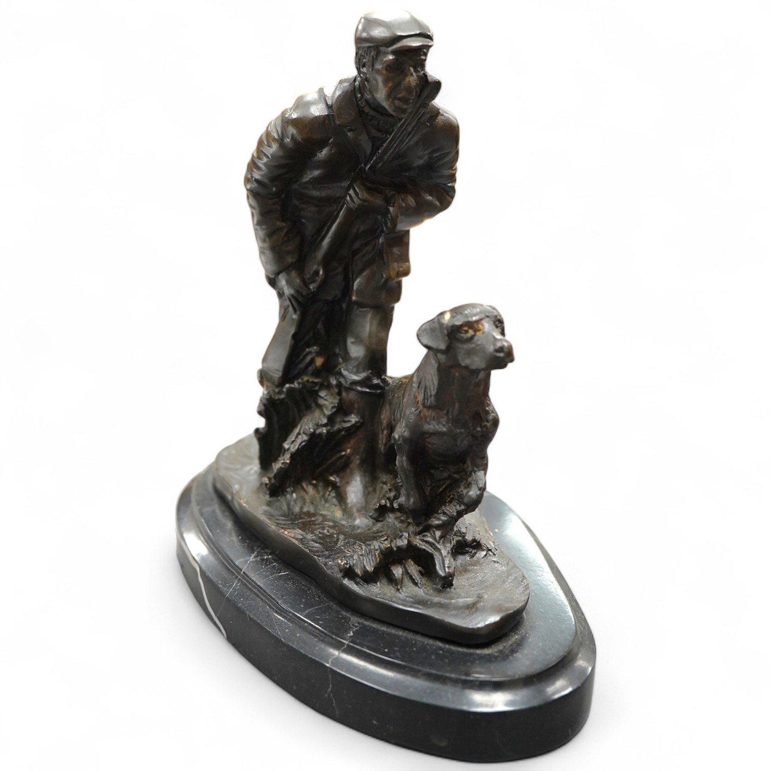 After Pierre-Jules Mene (1810-1879), a bronze hunting group on marble base, 18cm